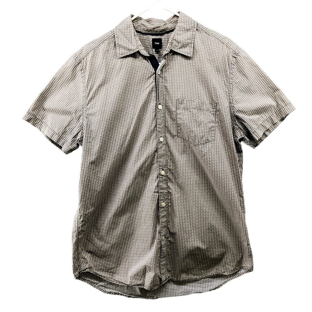 GAP Button Down Shirt Mens‎ Medium M Short Sleeve Cotton Taupe Printed Summer